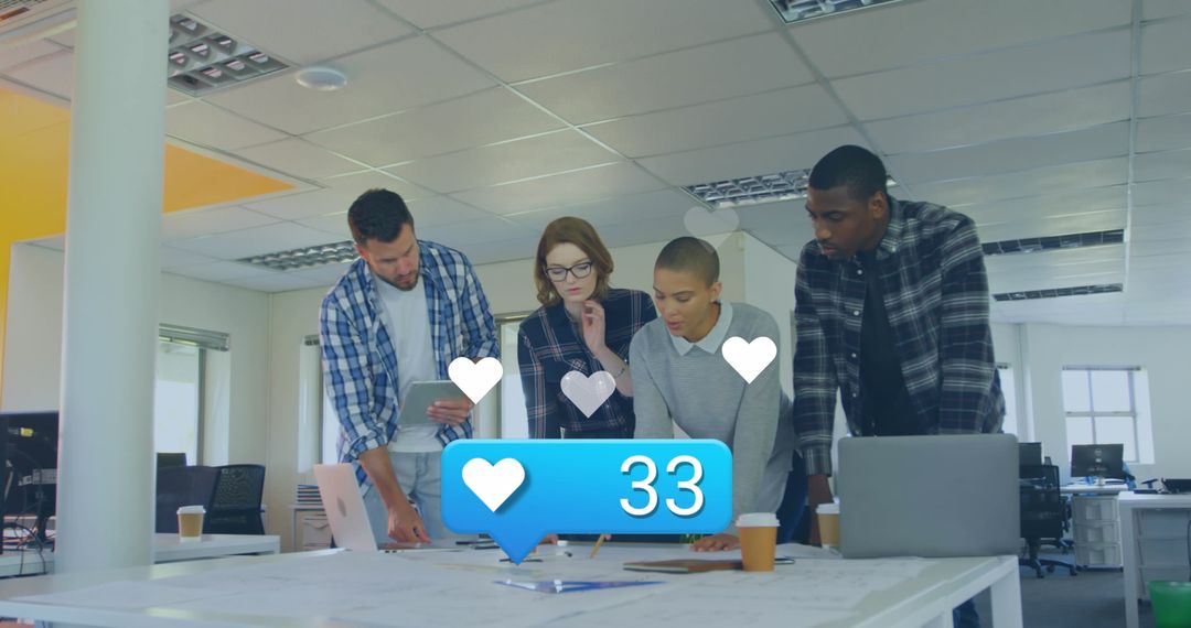 Diverse Business Team Analyzing Data with Social Media Overlay