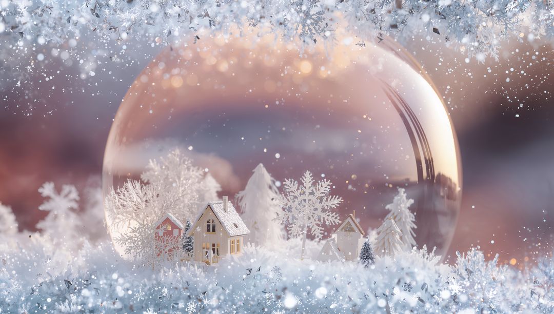 Glowing glass snow globe reflecting warm bokeh over frosted miniature winter village