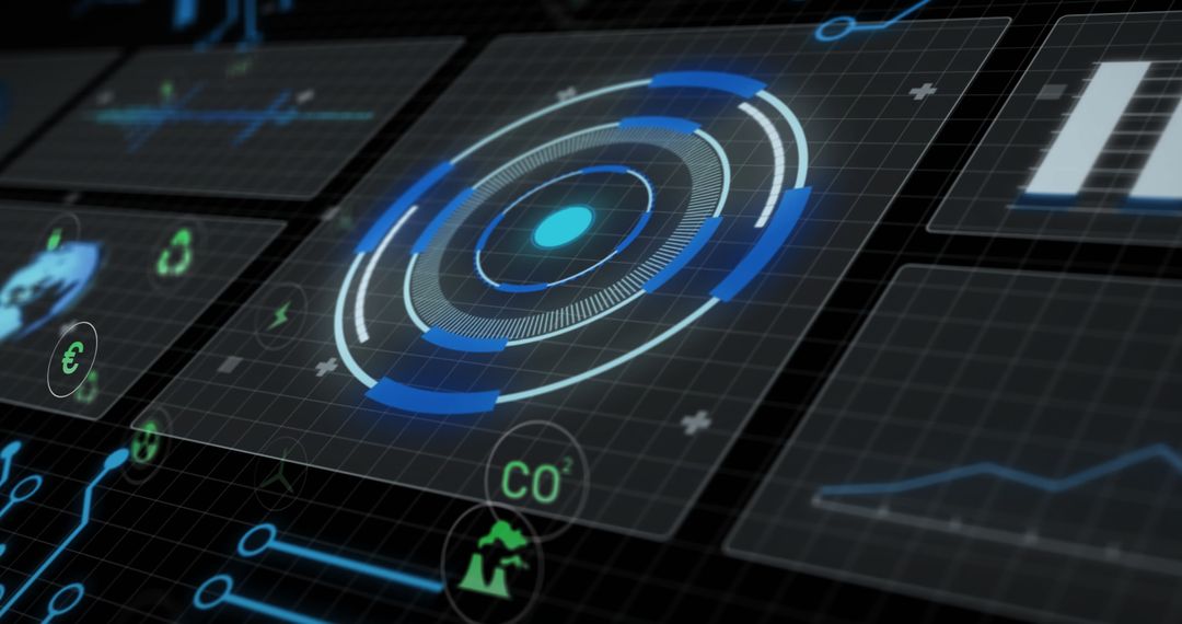 Futuristic Data Visualization with Environmental and Financial Icons