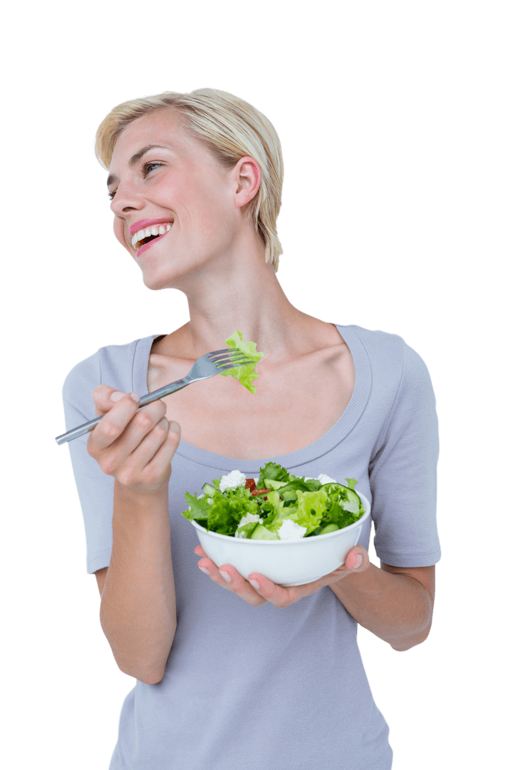 Cheerful Blonde Woman with Transparent Background Eating Fresh Salad