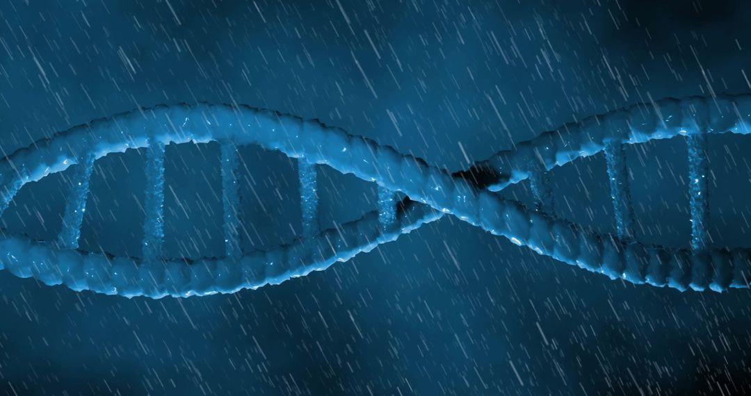 DNA Strand Spinning Against Dark and Rainy Background