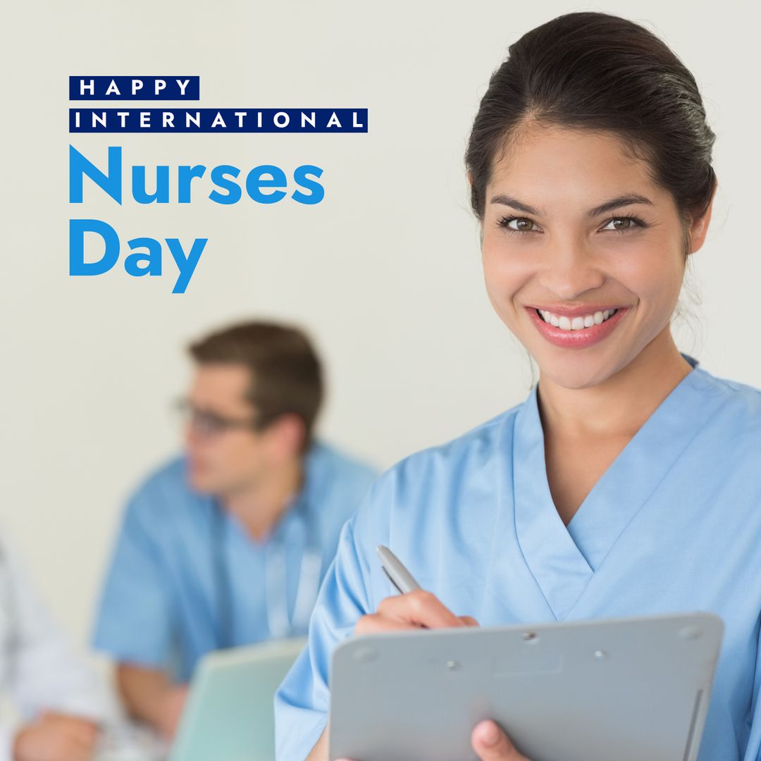 Smiling Biracial Female Nurse Holding Clipboard on International Nurses Day - Download Free Stock Templates Pikwizard.com