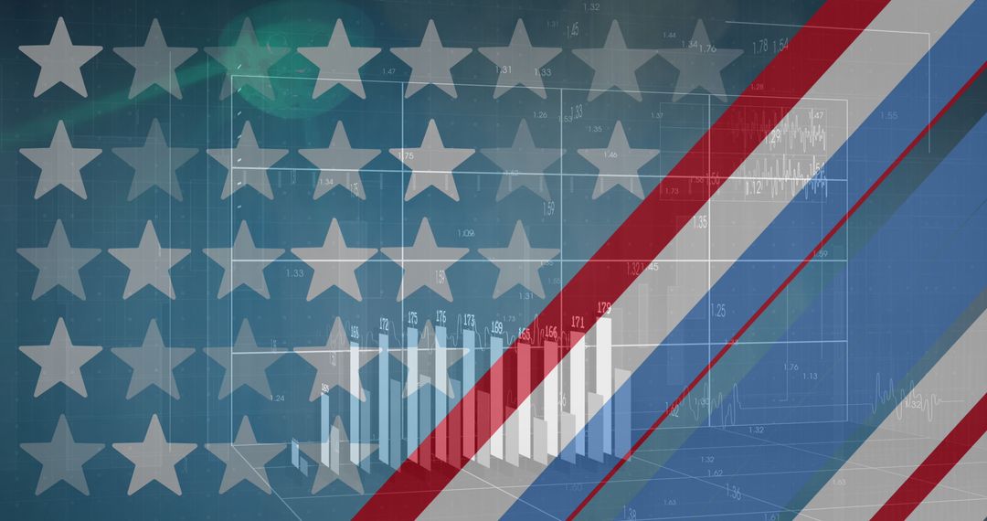 American Flag Overlaying Complex Data Charts and Analytics