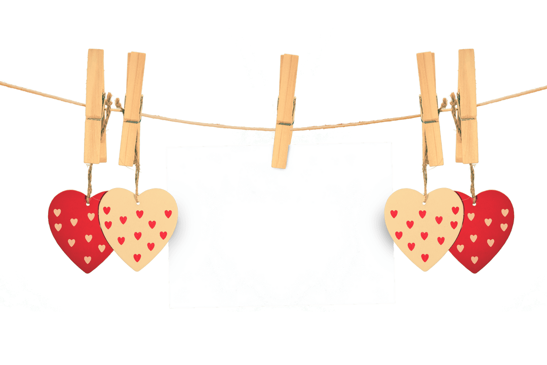 Transparent Hearts and Paper Hanging on Clothesline Background