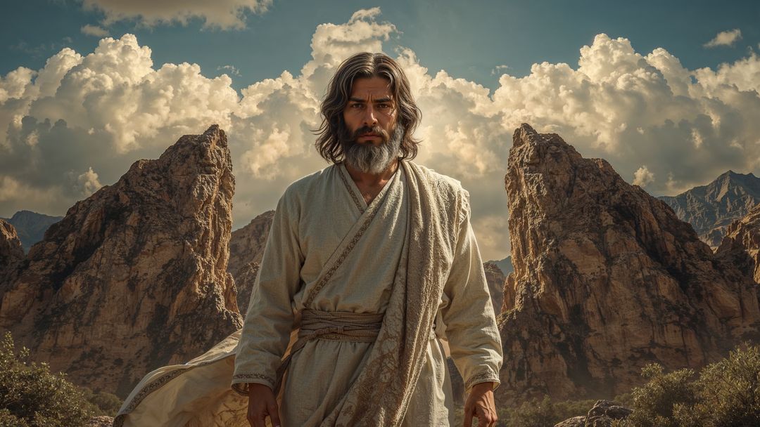 Solitary moses in ornate robe in majestic desert valley