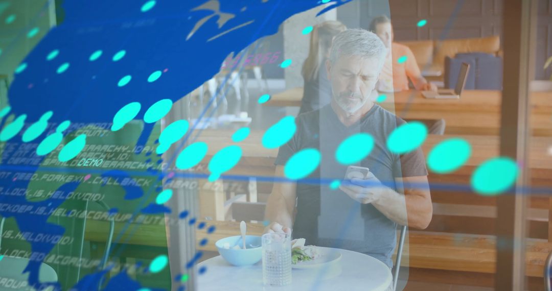Man Using Smartphone at Café with Digital Data Overlay