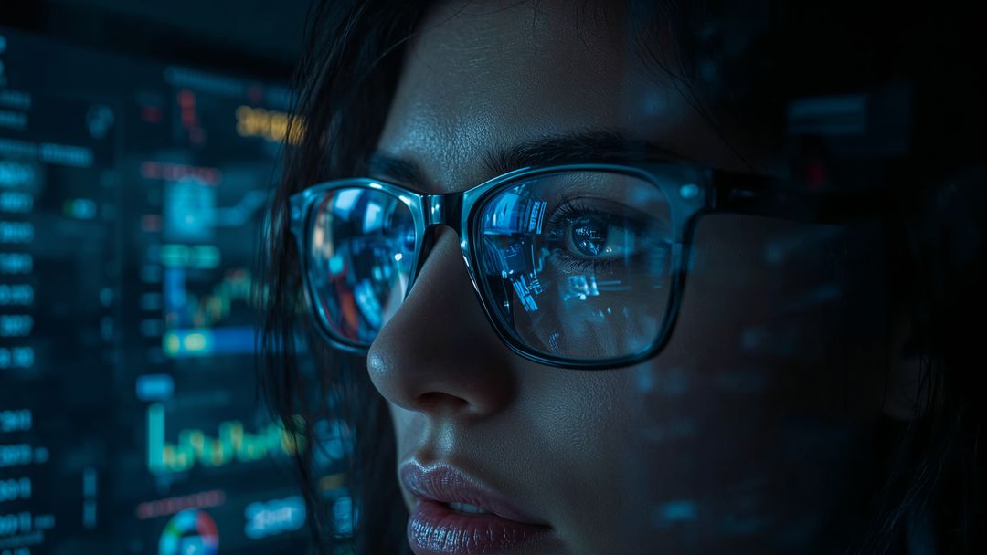 Focused Analyst Woman Wearing Glasses Viewing Data on Computer Screens