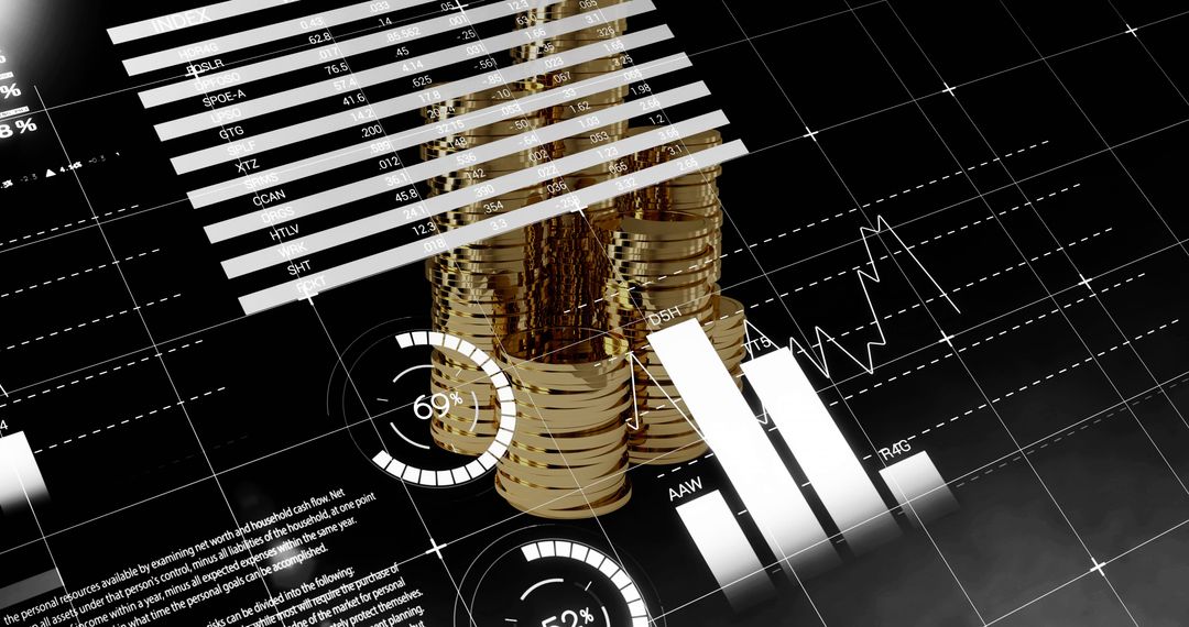 Showing Gold Coin Stacks on Digital Finance Dashboard with Bar Charts, Line Charts, Metrics
