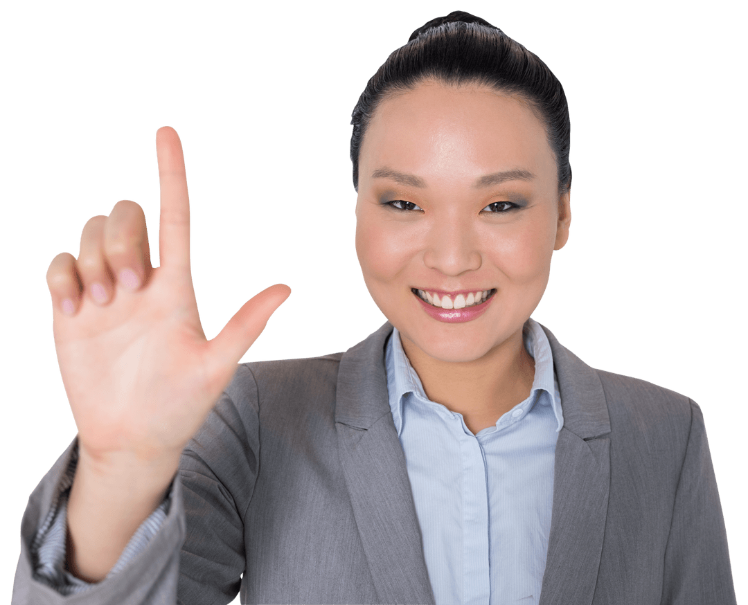 Transparent Asian Businesswoman Smiling at Camera with Open Hand
