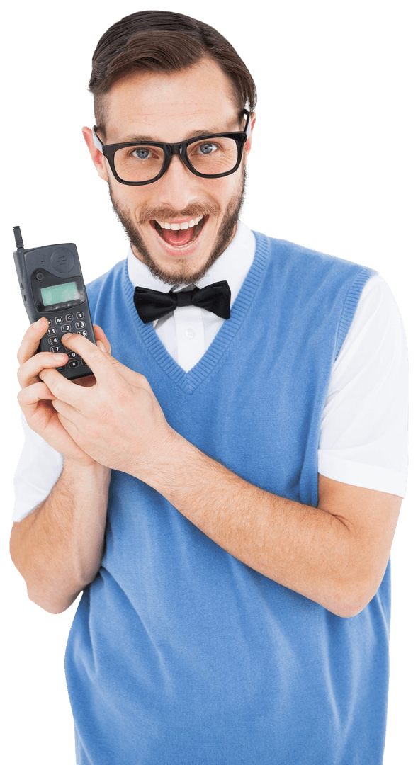 Geeky Hipster with Retro Cellphone Transparent Background