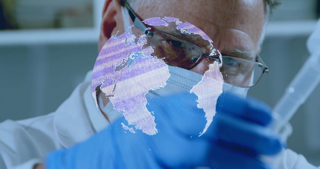 Scientist Conducting Laboratory Research with Digital Globe Overlay