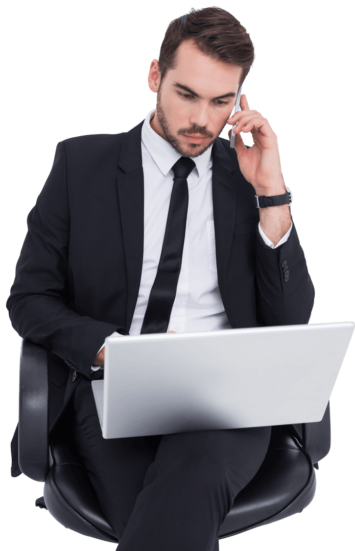 Businessman in Suit Working on Laptop and Phone Wearing Earpiece Transparent