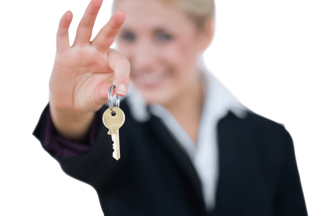 Businesswoman Holding Key with Transparent Background for Success