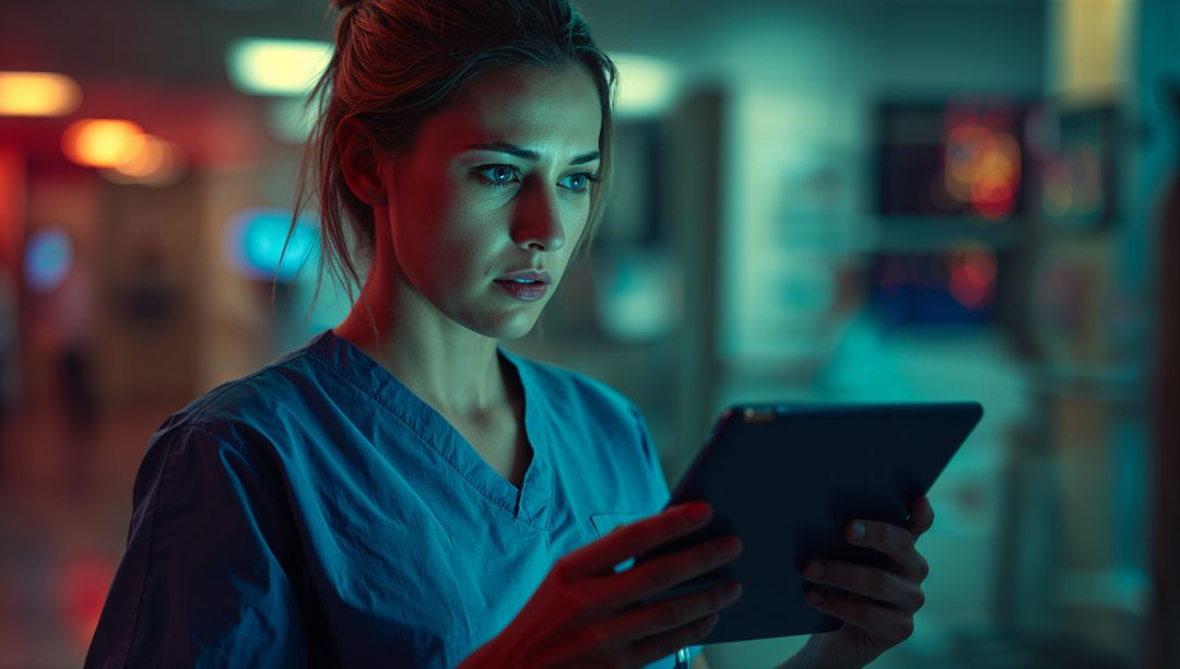 Healthcare Professional Analyzing Data on Digital Tablet in Hospital Corridor