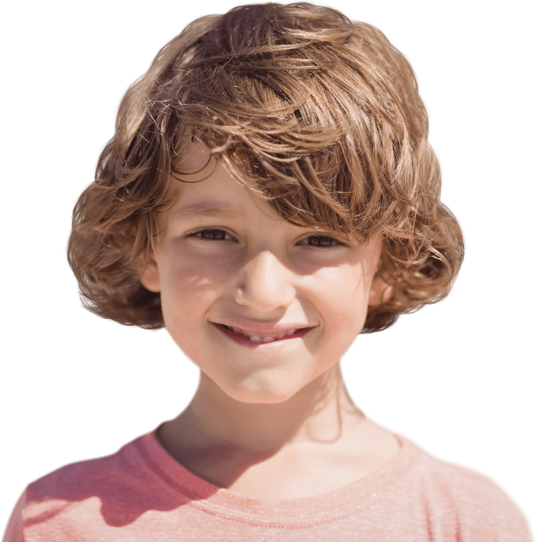 Cheerful Young Boy with Wavy Brown Hair on Transparent Background
