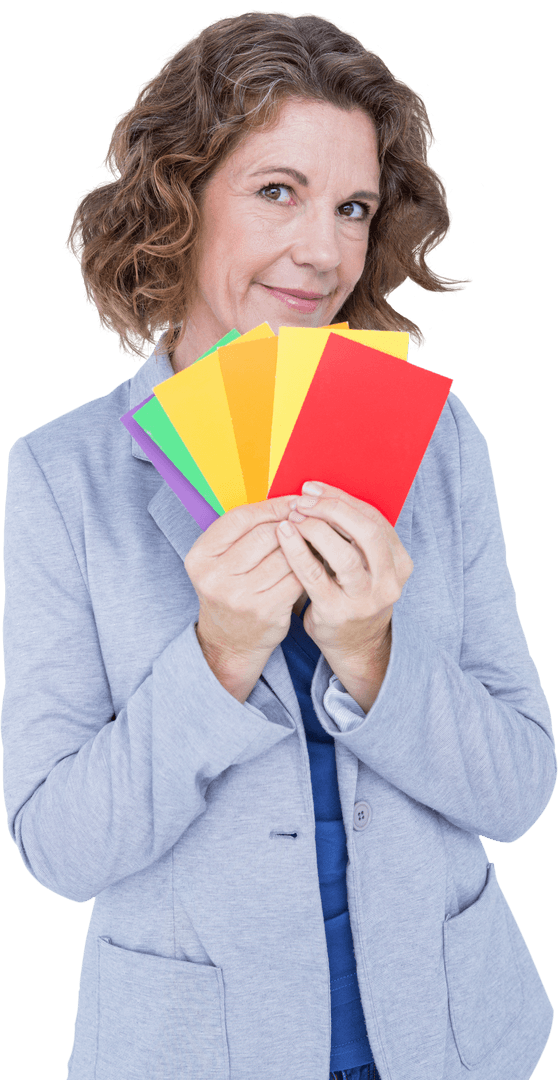 Confident Businesswoman Displaying Variety of Color Swatches with Transparent Background