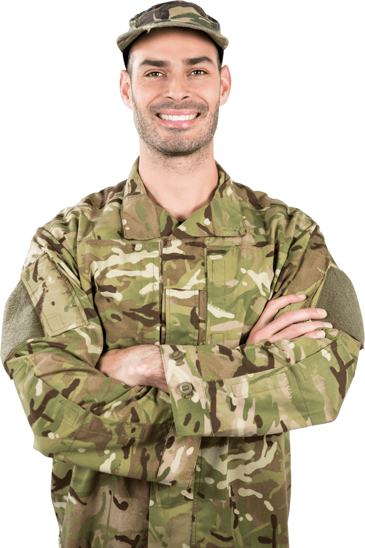 Smiling Soldier in Camouflage Attire Posing, Transparent Background