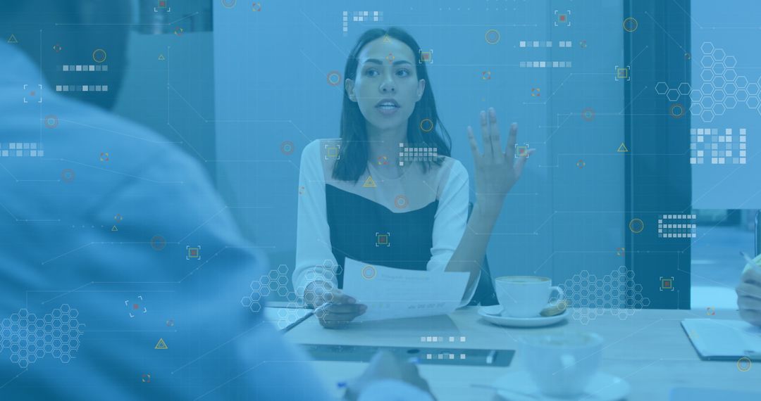 Business Meeting with Digital Interface Overlay