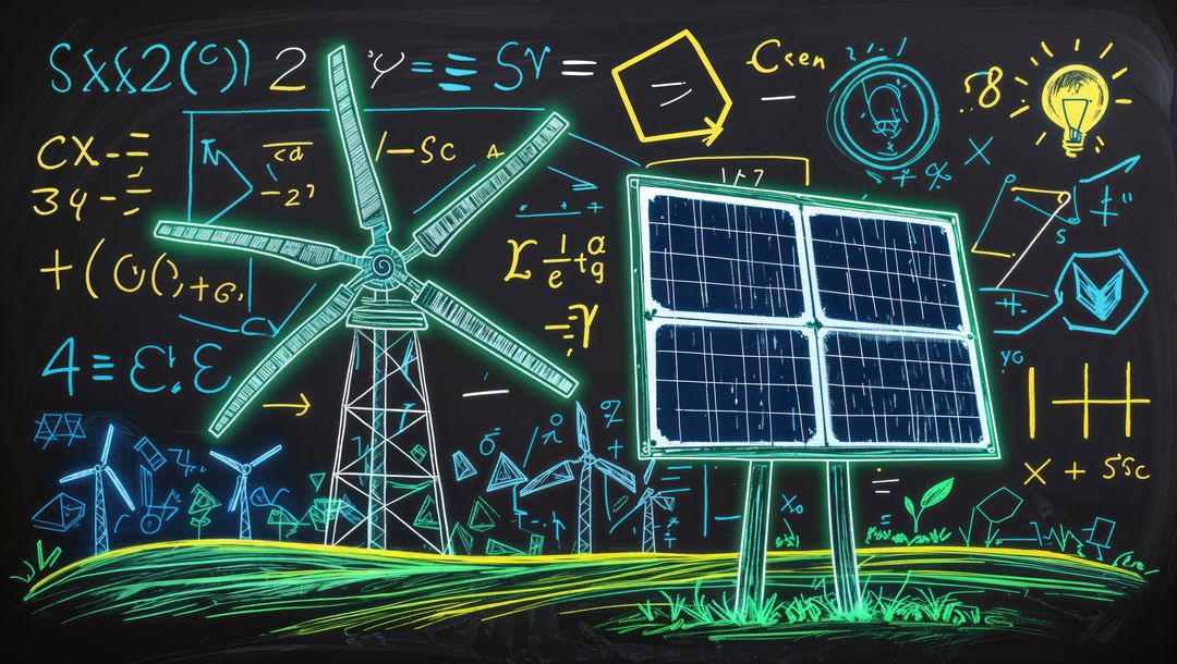 Renewable Energy Chalkboard Concept with Wind and Solar Illustrations