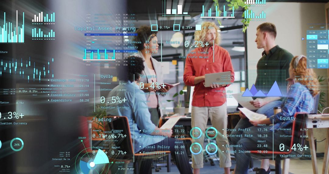 Multinational Team Analyzing Digital Financial Data in Modern Office