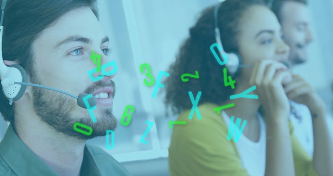 Energetic Call Center Team Engaged in Task with Vibrant Overlay Elements