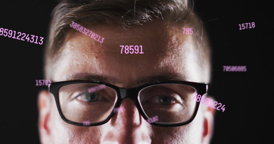 Man with Glasses Surrounded by Floating Digital Numbers