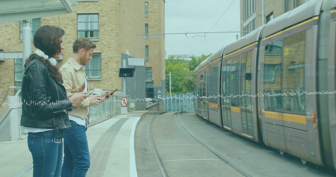 Digital Data Overlay Urban Tram Station Scene