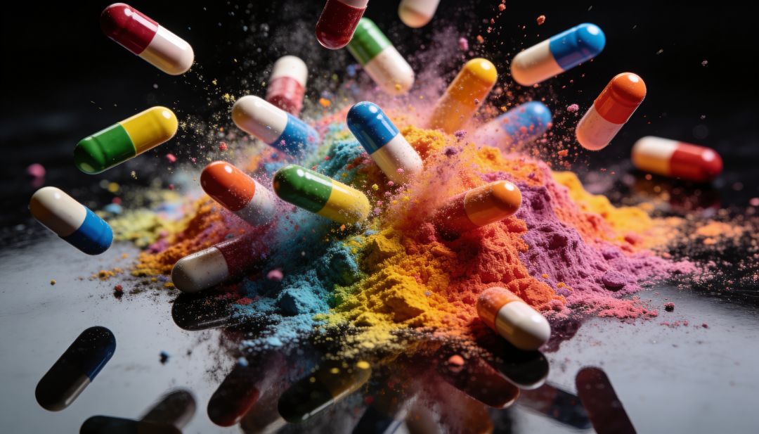 Colorful Medicine Capsules Exploding into Dynamic Powder Burst Over Reflective Black Surface