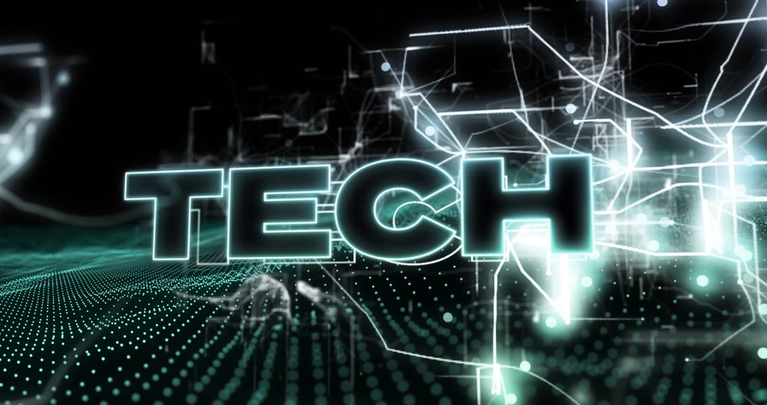 Glowing Tech Text Over Digital Grid and Light Streaks