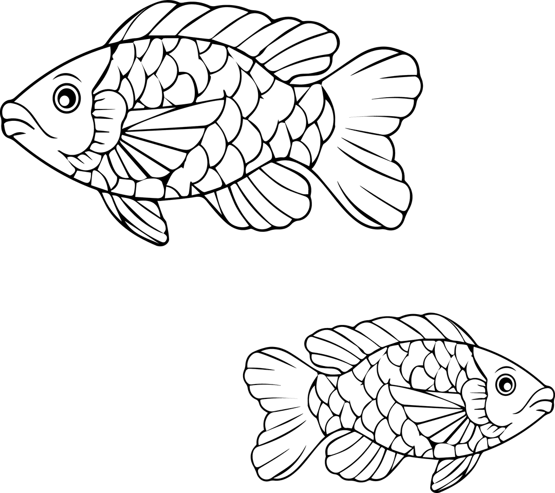 Transparent Vector Line Drawing of Two Stylized Fish with Detailed Scales