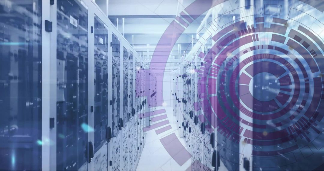Futuristic Data Center with Digital Overlay Effect