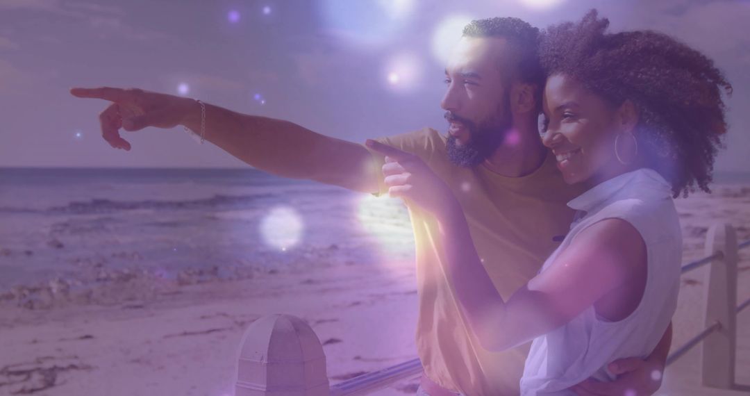 Romantic Couple Embracing Seaside View with Flare Effect