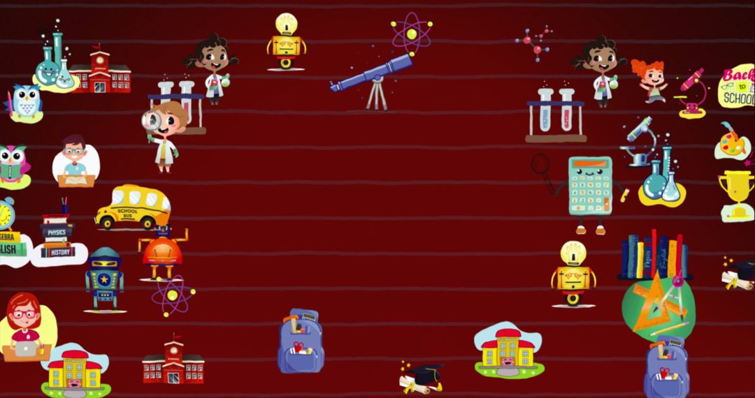 Colorful School Icons on Red Background with Copy Space