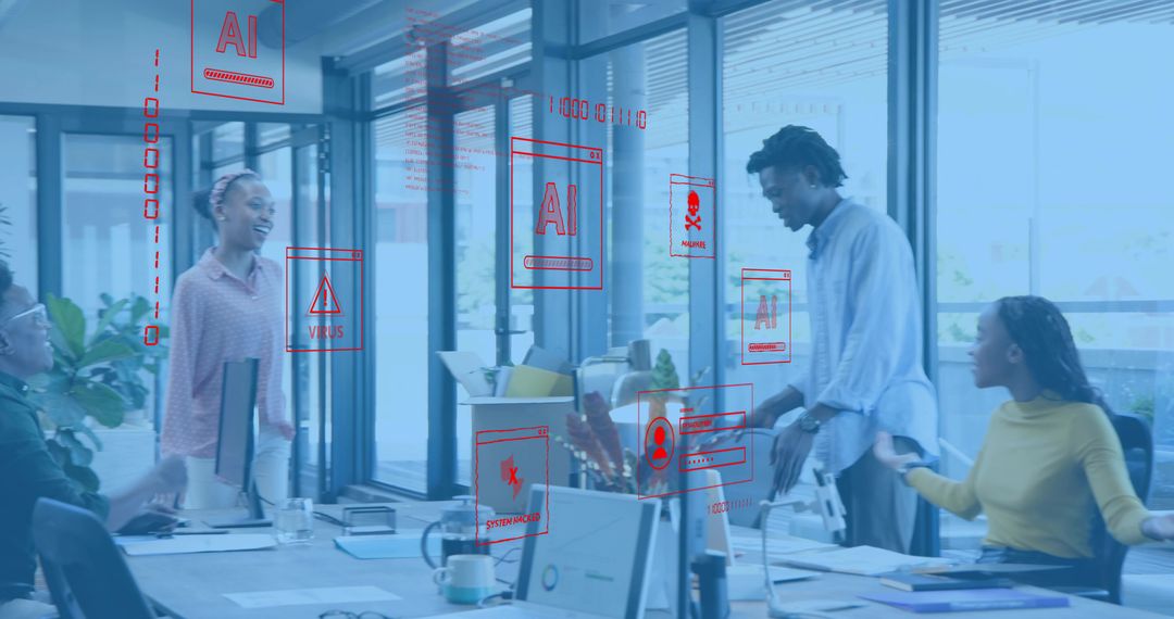 Office team collaborating amid AI cybersecurity alerts overlaid on open-plan workspace