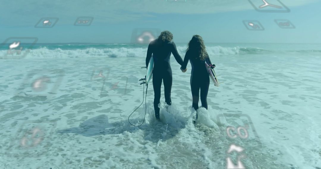 Couple Surfing with Eco-Friendly Conceptual Icons on Ocean Shore