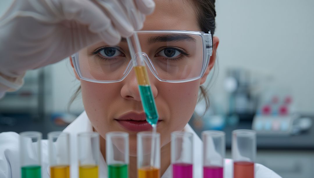 Focused Scientist Conducting Experiment with Colorful Solutions