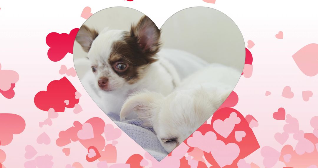 Adorable Puppies Cuddling in Heart-Shaped Frame with Pastel Hearts