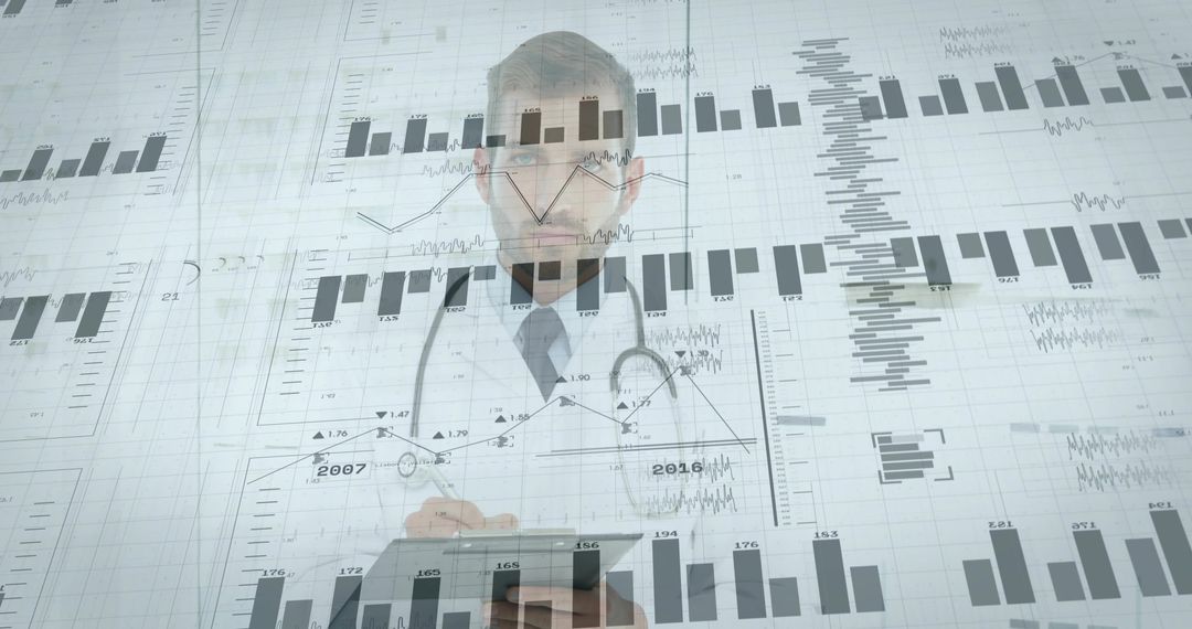 Physician reviewing digital health analytics on tablet with overlaid charts and graphs