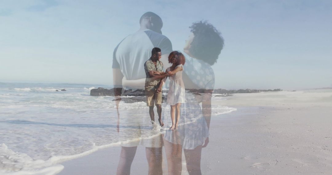 Romantic Couple Strolling Along Tranquil Beach with Double Exposure Effect