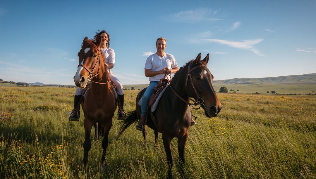 Couple riding chestnut and bay horses through open meadow with rolling hills