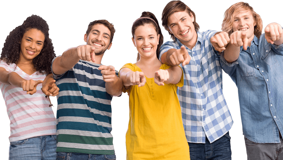 Diverse Happy Students Pointing in Transparent Background