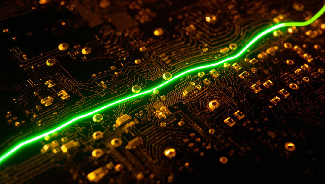 Neon green energy streak cutting across golden circuit board close-up macro of PCB traces