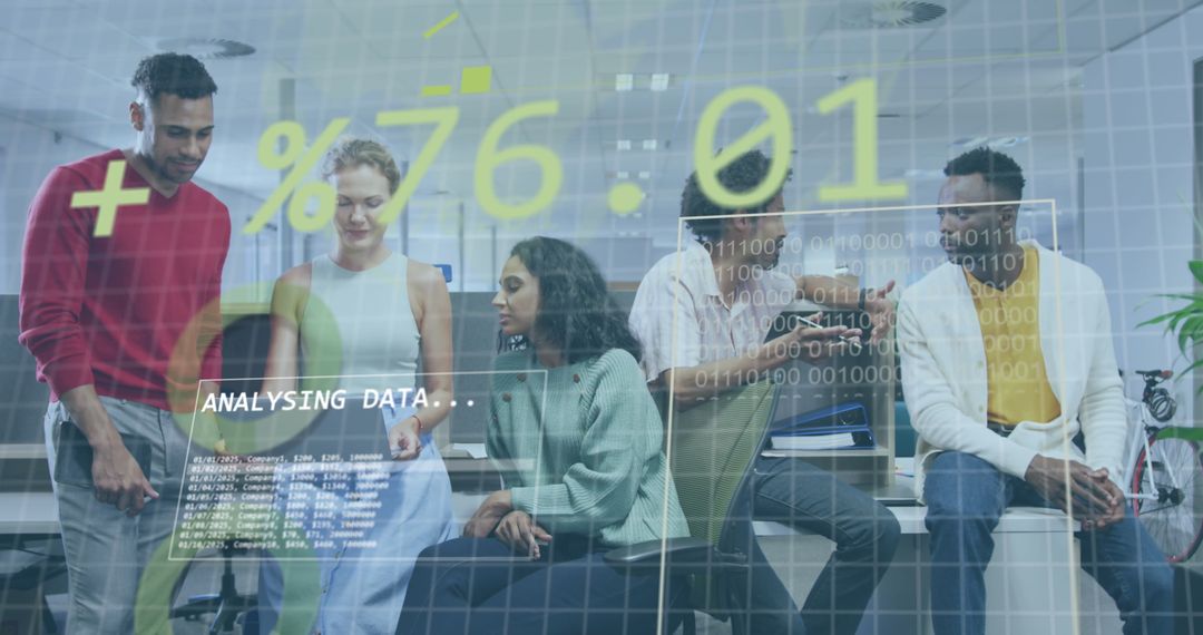 Diverse Team Analyzing Data with Financial Graphics Overlay