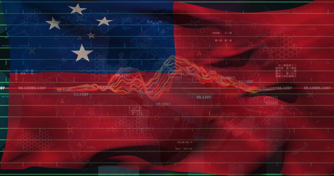 Waving US and Chinese Flags with Trading Data Overlay