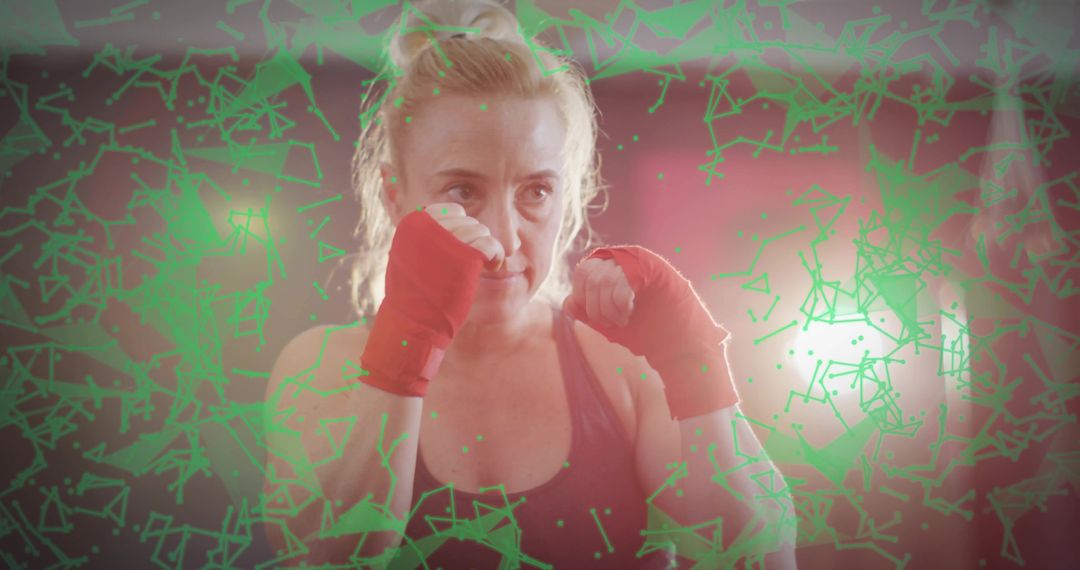 Determined Woman Training in Gym with Futuristic Tech Overlay