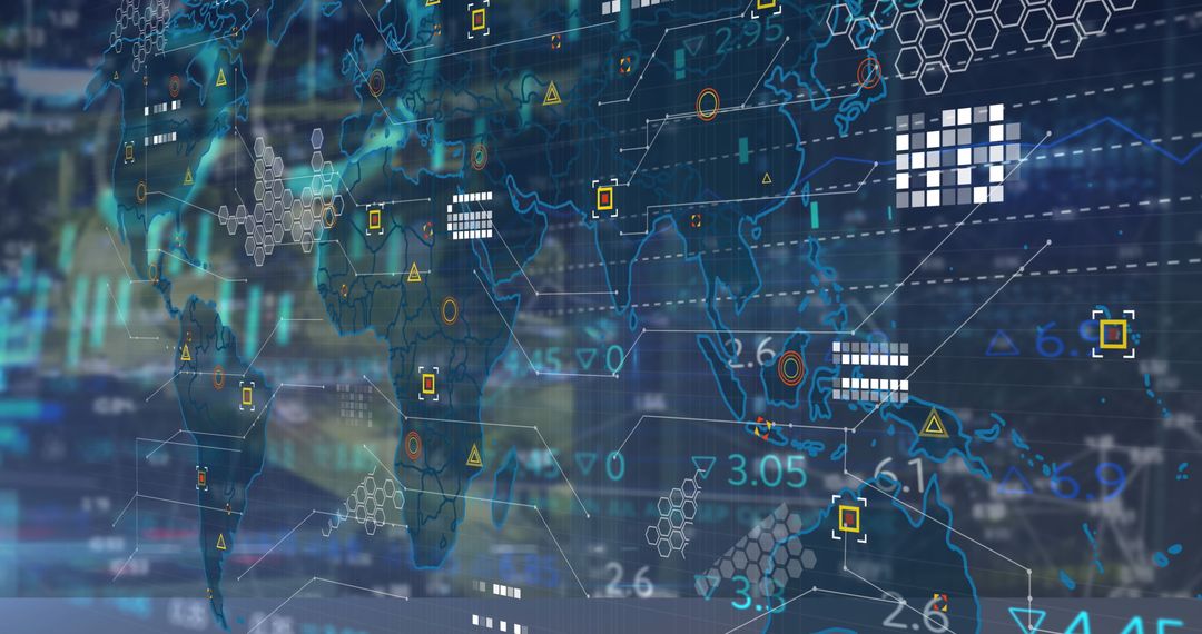 Digital World Map with Futuristic Analytics Overlay Charts
