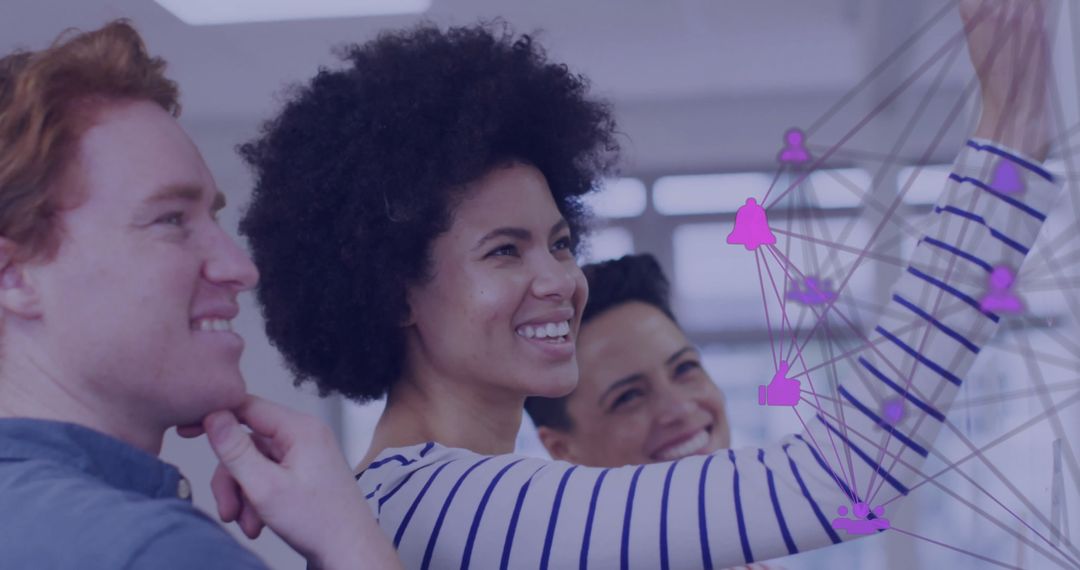 Diverse Colleagues Brainstorming with Digital Network Overlay