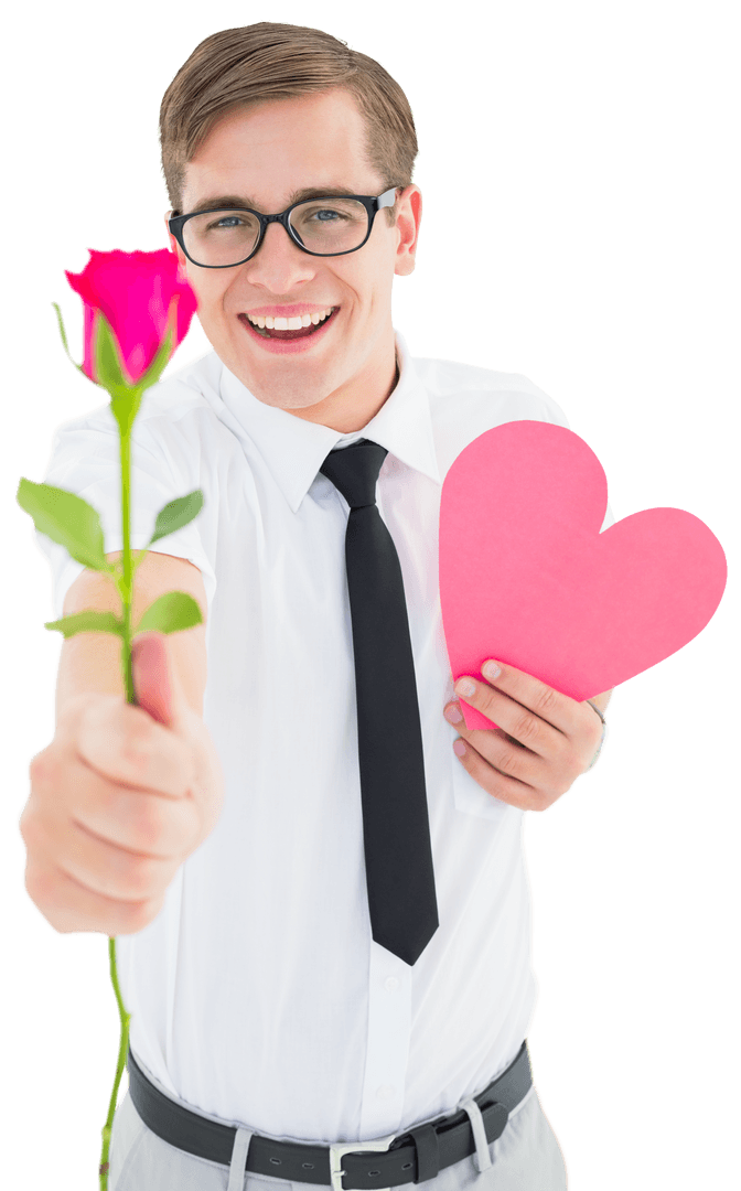 Transparent Enthusiastic Geek Presenting Rose and Heart Card