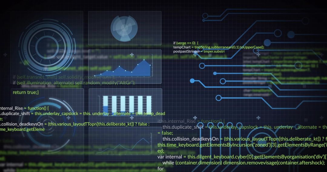 Futuristic translucent HUD dashboard with code overlay and neon circuit analytics visuals
