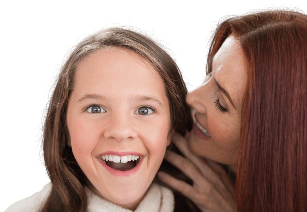 Joyful Caucasian Mother Whispering to Daughter on Transparent Background